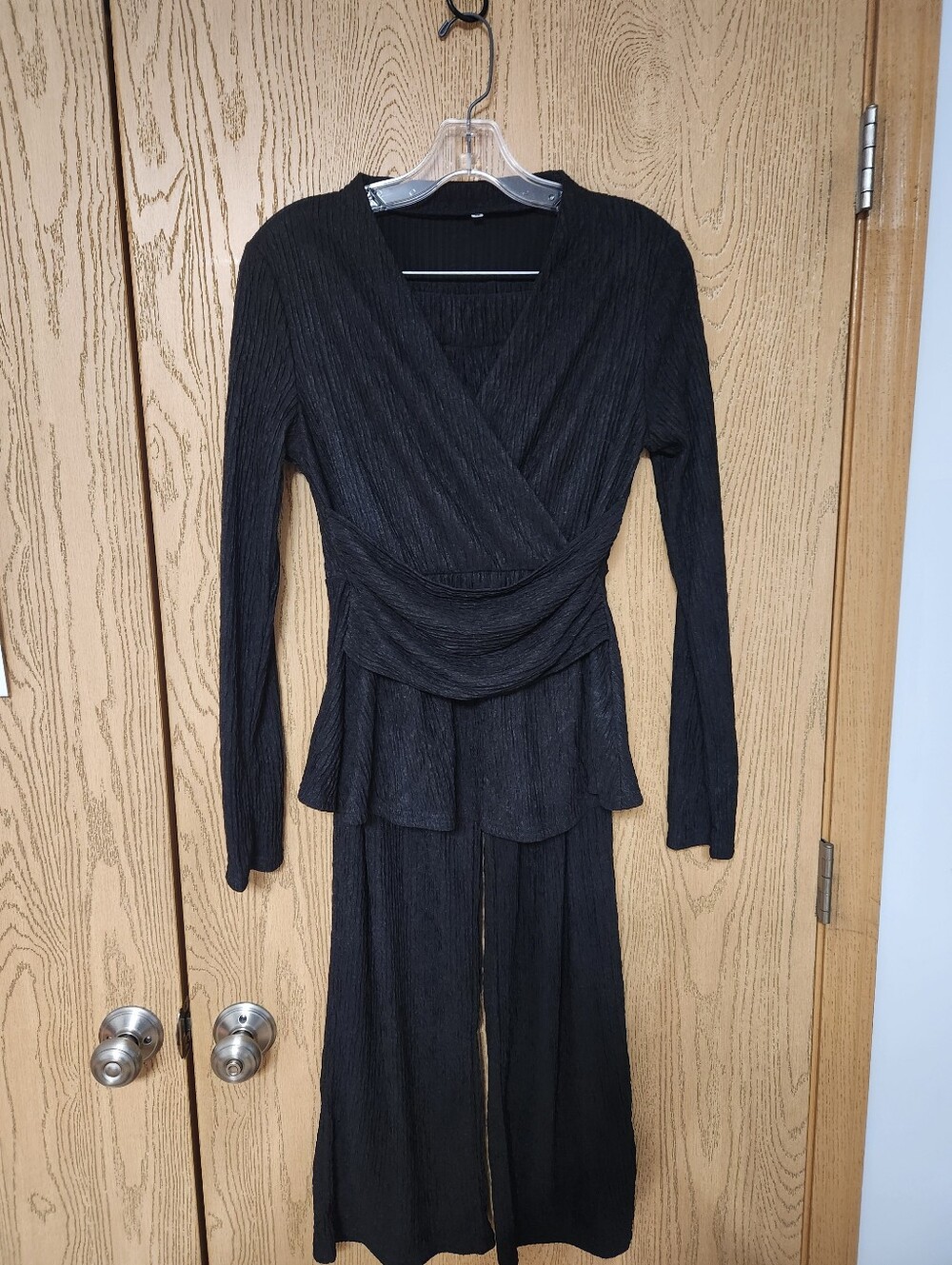 Black Ribbed Wrap-Style Two-Piece Set - Picture 1 of 6